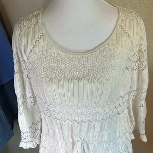 FREE PEOPLE FIRE ISLAND WHITE  KNIT CROCHET DRAWSTRING WAIST TUNIC TOP SIZE M